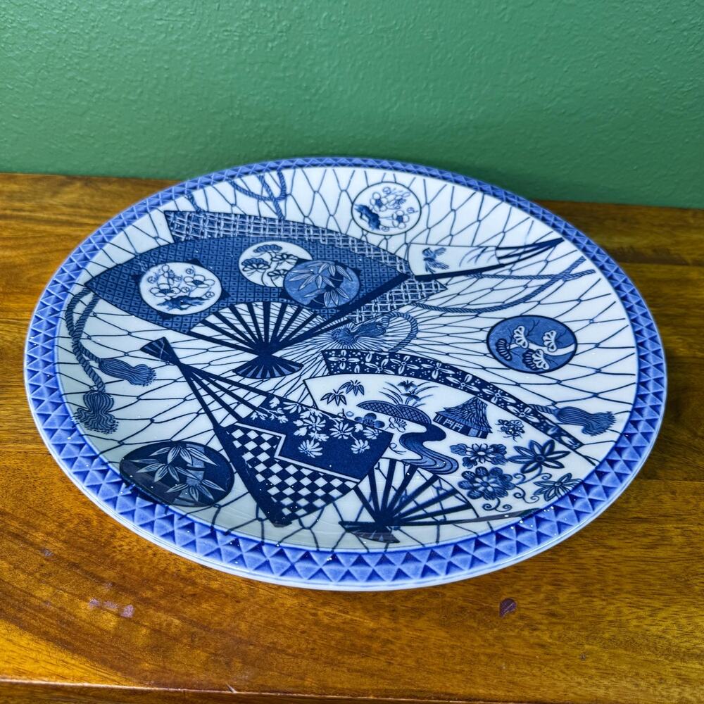 Vintage Toyo Japanese Art Plate Blue White Fans Platter